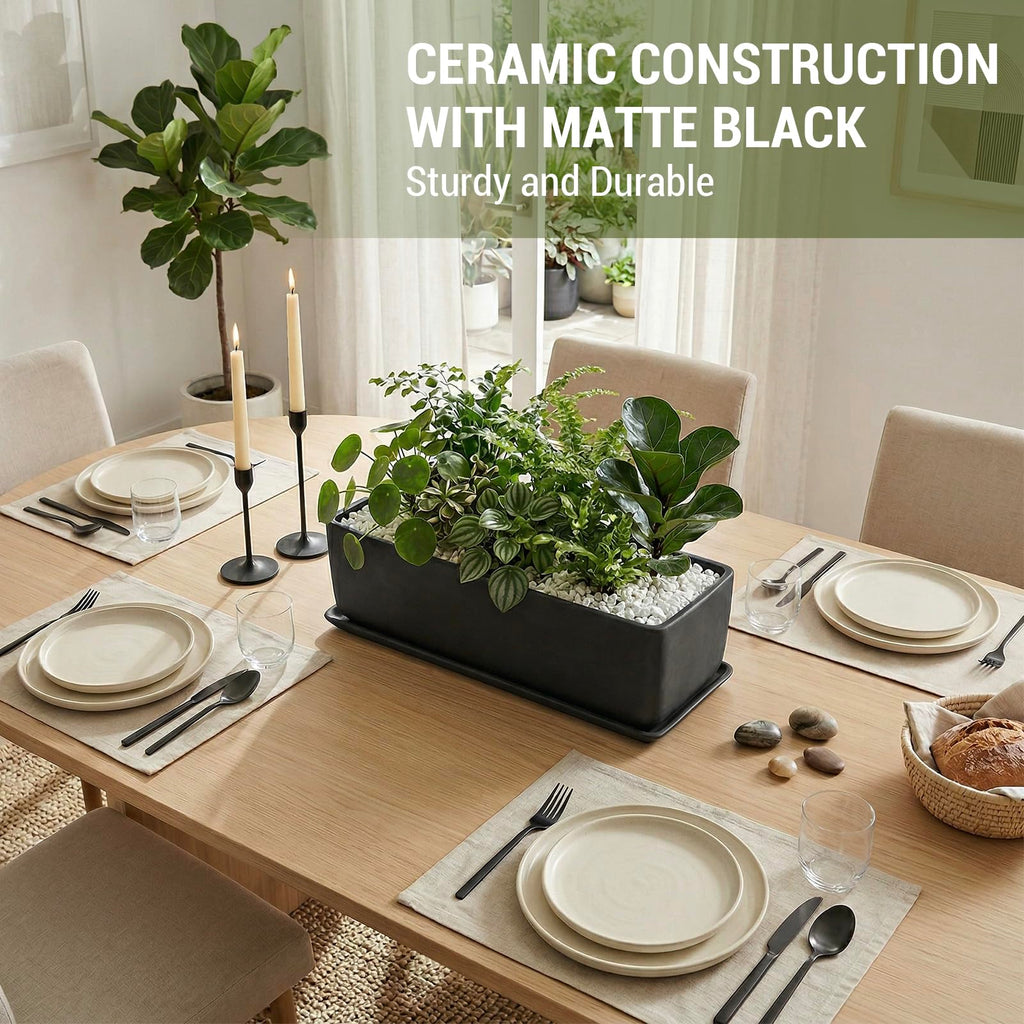 14 Inch Matte Black Ceramic Rectangular Succulent Planter