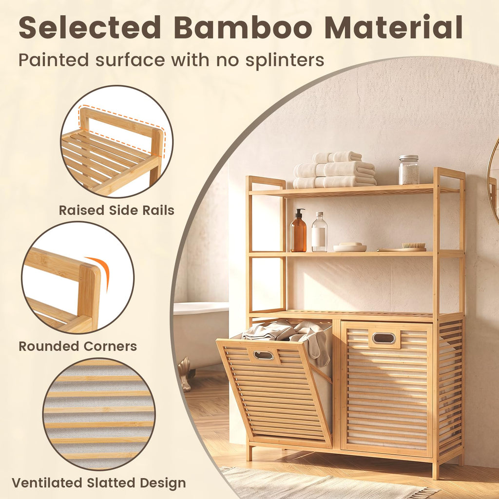 Bamboo Double Tilt Out Laundry Hamper Cabinet with Shelves