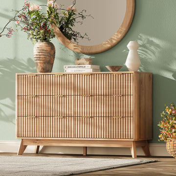 47" Wide Fluted 6 Drawers Dresser, Curved Edge, Oak