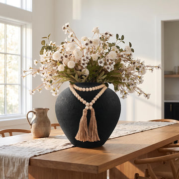 22" H Faux Silk Mums Flower Arrangements in Round Black Vase Home Decor, 22Pcs Fake Mums Eucalyptus Wild Flowers