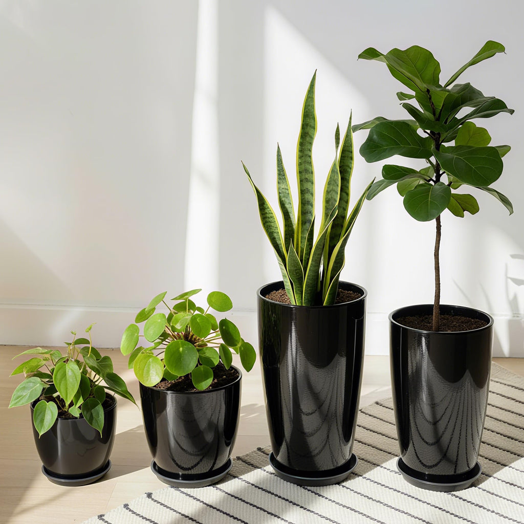 24/21/12/10" H Large Plastic Planters with Drainage Hole and Saucer -Set of 4 Tall Plant Pots for Indoor & Outdoor