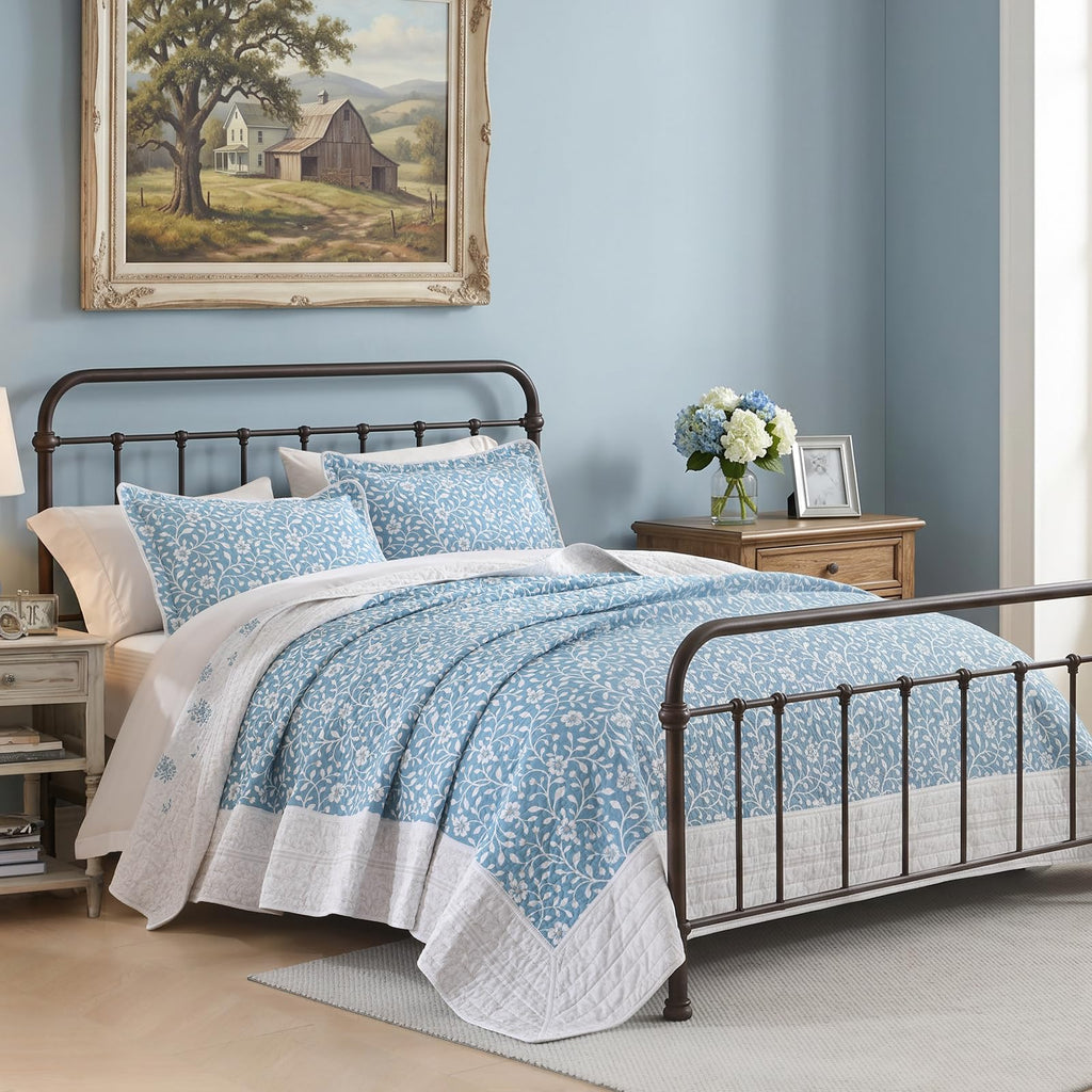 100% Cotton Quilt Set - Floral Quilted Comforter, Reversible Botanical Farmhouse Quilt Bedspread