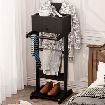Mens Valet Stand with Drawer & Suit Hanger & Flip Tray, Wooden Clothes Rack