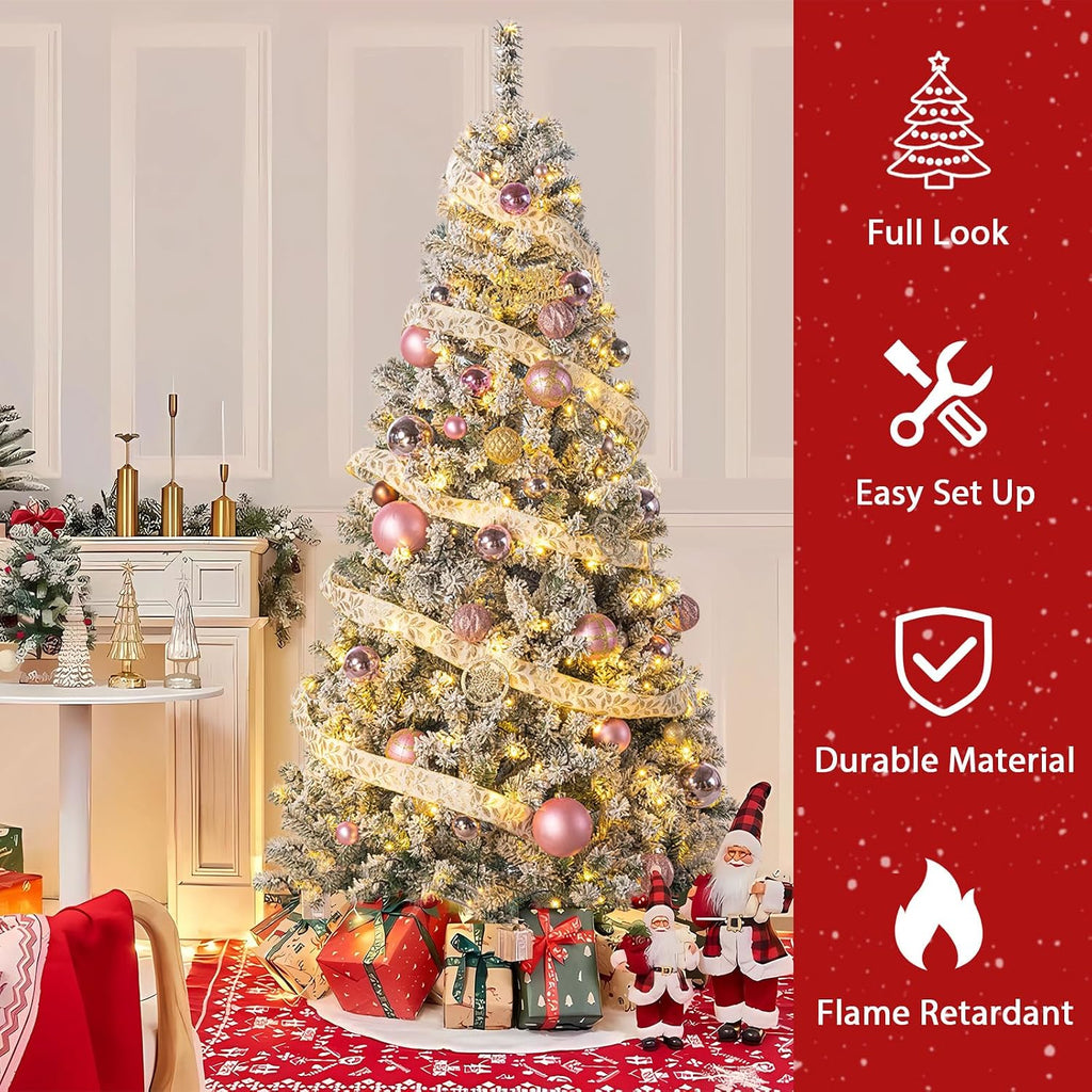 7FT Pre-Lit Artificial Christmas Tree, Hinged Snow Flocked Xmas Tree with 1200 Realistic Branch Tips, Premium Metal