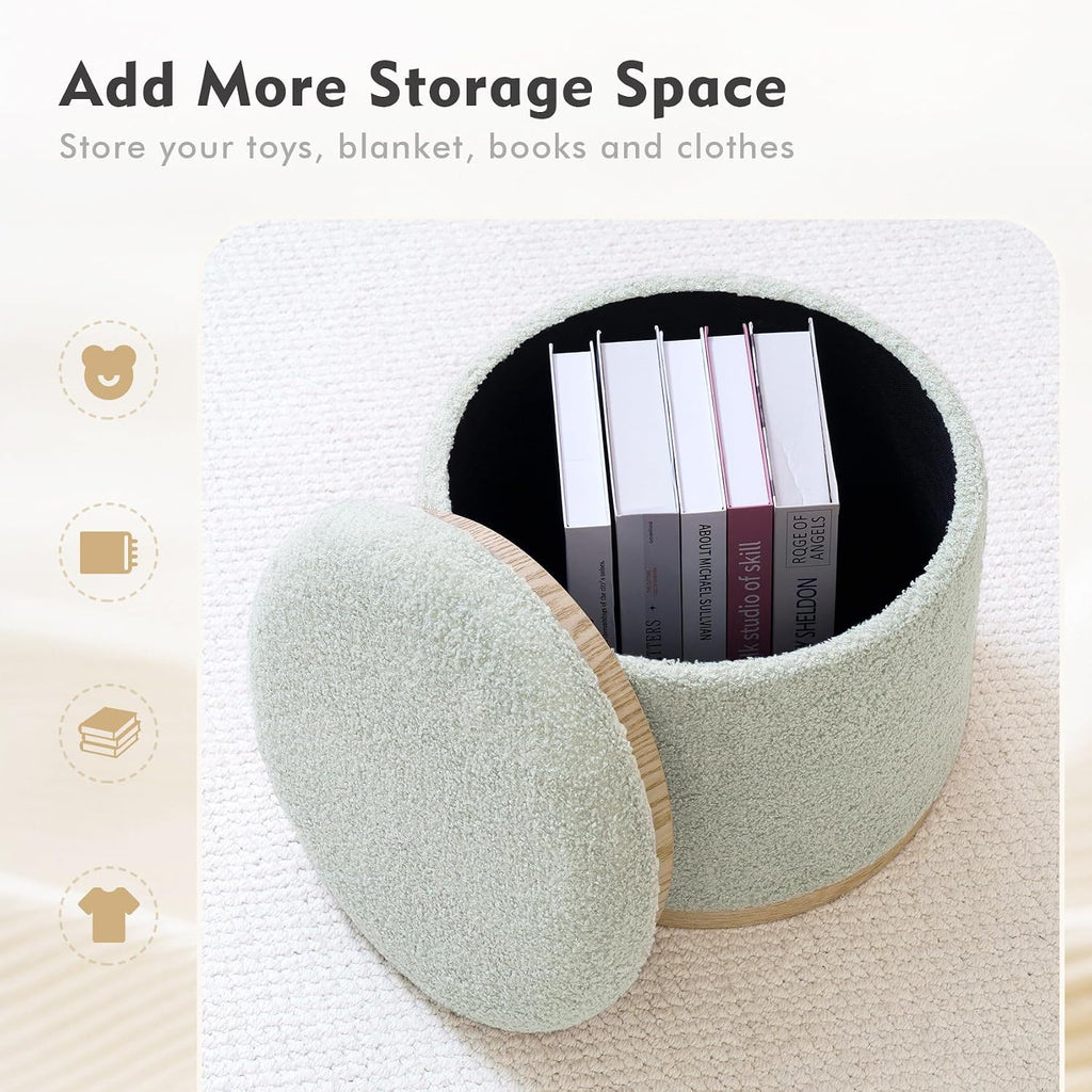 Round Ottoman with Storage Set of 2, Storage Ottoman with Tray, Teddy Velvet Ottoman Storage Modern Multifunctional