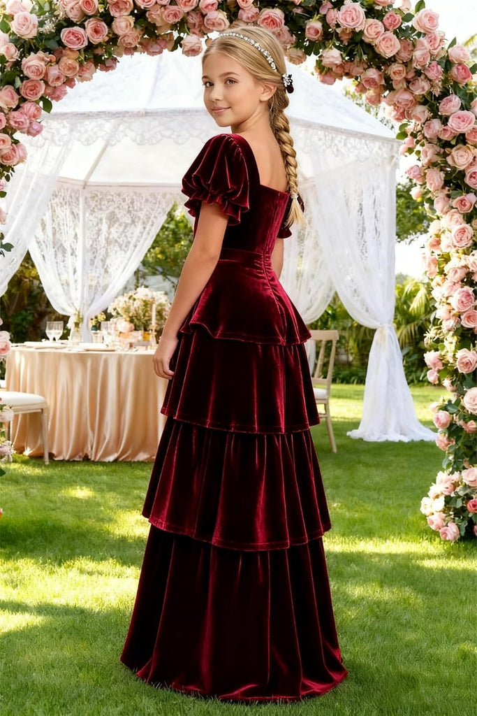 Girls Velvet Pleated Junior Bridesmaid Dress A-Line Short Lantern Sleeves Flower Girl Formal Ball Gown 2542
