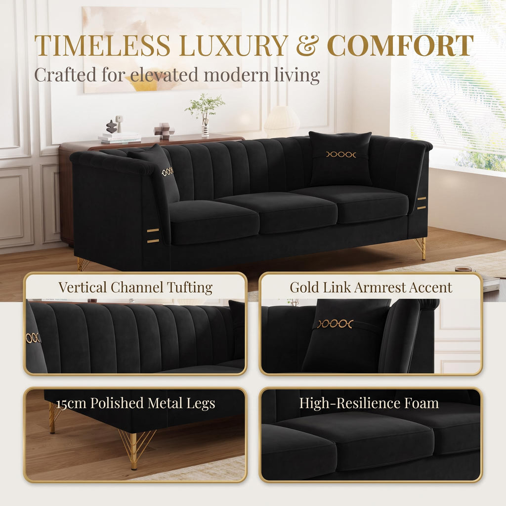83" Oversized 3 Seater Sofa, Couch with Metal Legs, Black