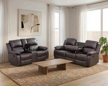 Leather Recliner Sofa Set, 2-Pieces (Sofa and Loveseat), Brown