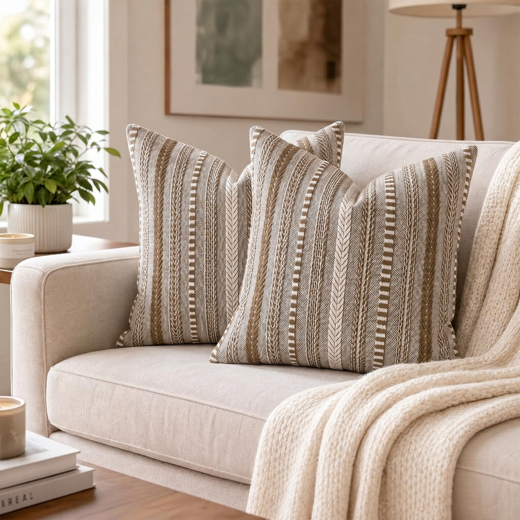 Light Brown Boho Decorative Throw Pillow Covers Set of 2, 20 x 20 Inch Woven Stripe Textured Rustic Cushion Case Home