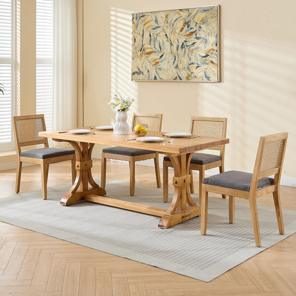 French Country Dining Chairs Set of 8, Grey Modern Kitchen & Dining Room Chairs, Rattan Dining Chair with Linen