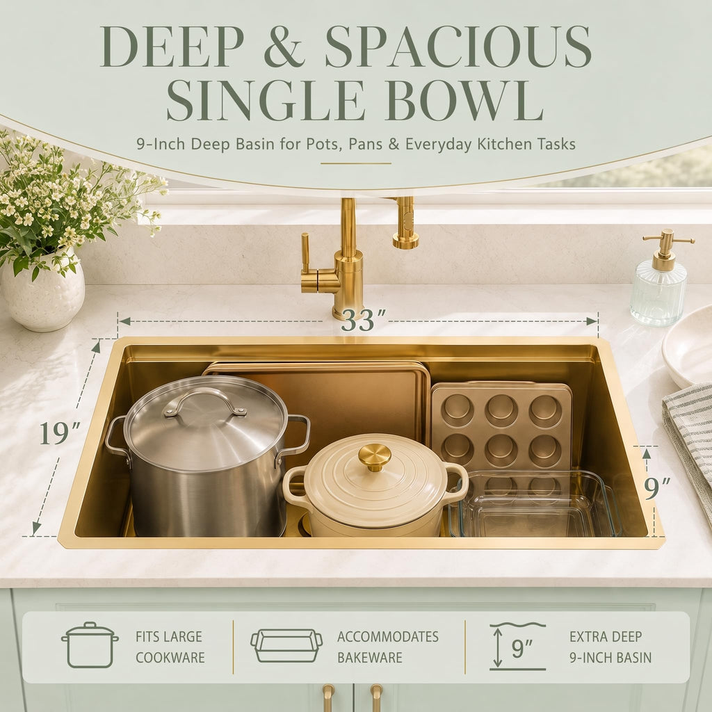Gold Undermount Kitchen Sink 33"x19", 16 Gauge Stainless Gold Sinks