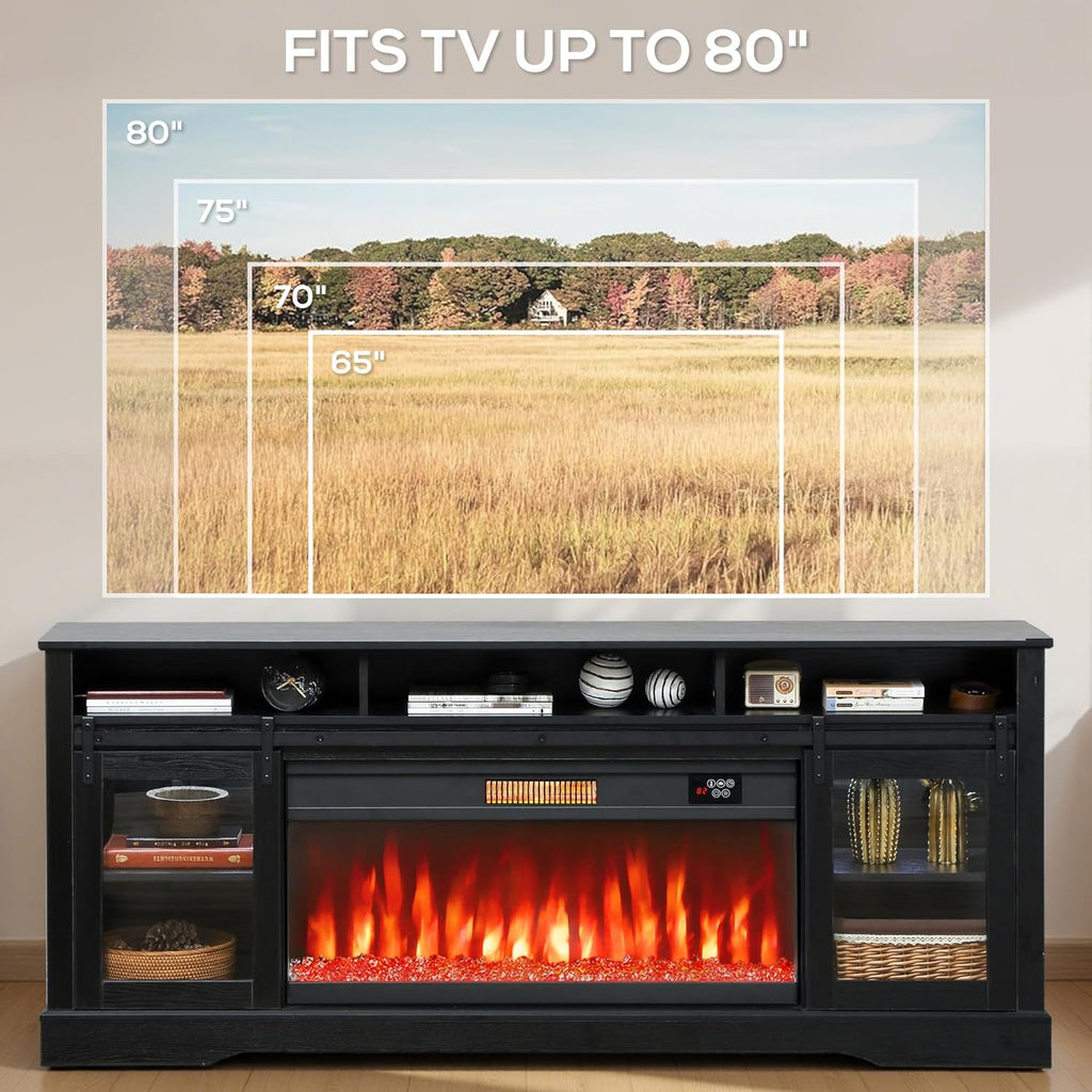 Fireplace TV Stand for TVs Up to 80 Inches, Modern Entertainment Center with 36" Glass Electric Fireplace & LED Lights