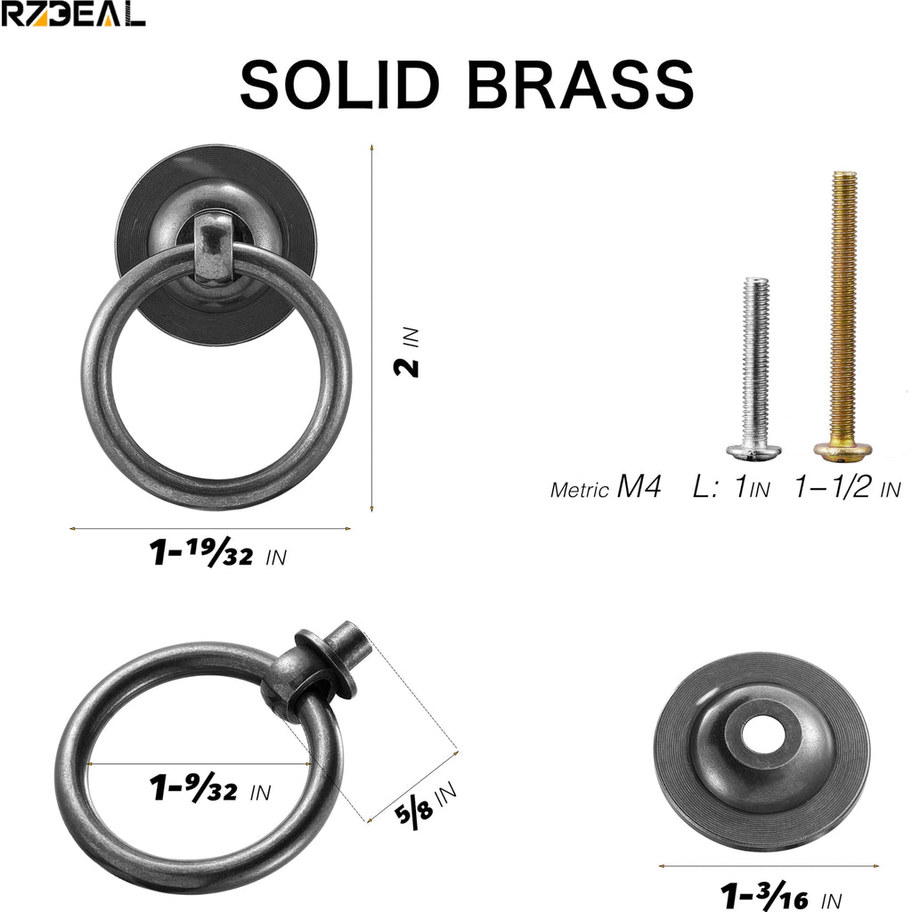 4 Pack Solid Brass Cabinet Pulls Ring Drawer Pulls, Retro Black Kitchen Cabinet Handles Pulls Vintage Pulls Brass
