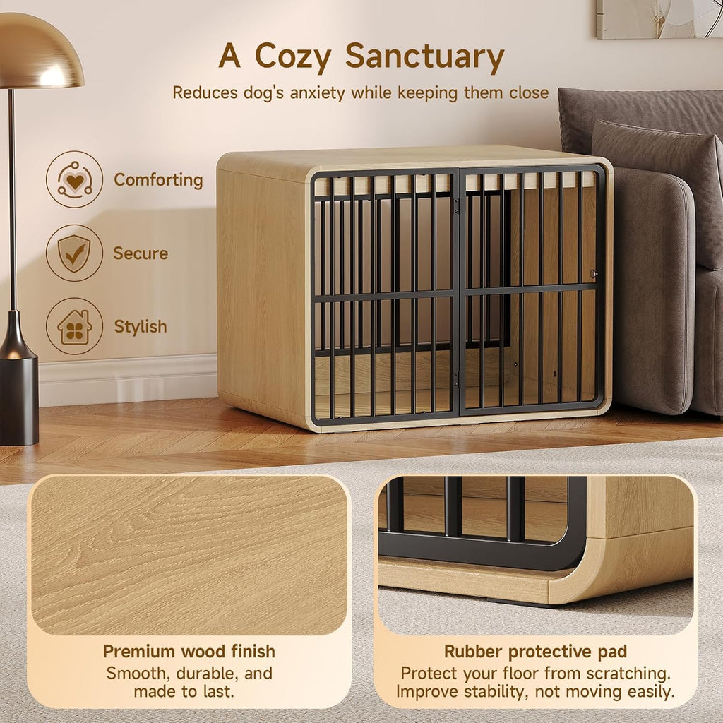 32" Dog Crate Furniture End Table for Medium Dogs, Natural Oak