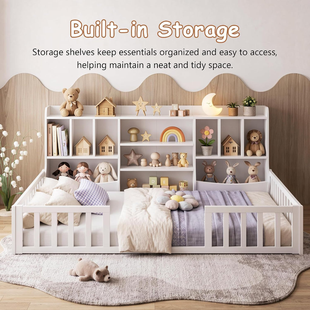 Floor Bed for Kids, Wooden Montessori Bed Frame with Bookcase, Storage Shelves & Safety Fence Rails, Floor Beds