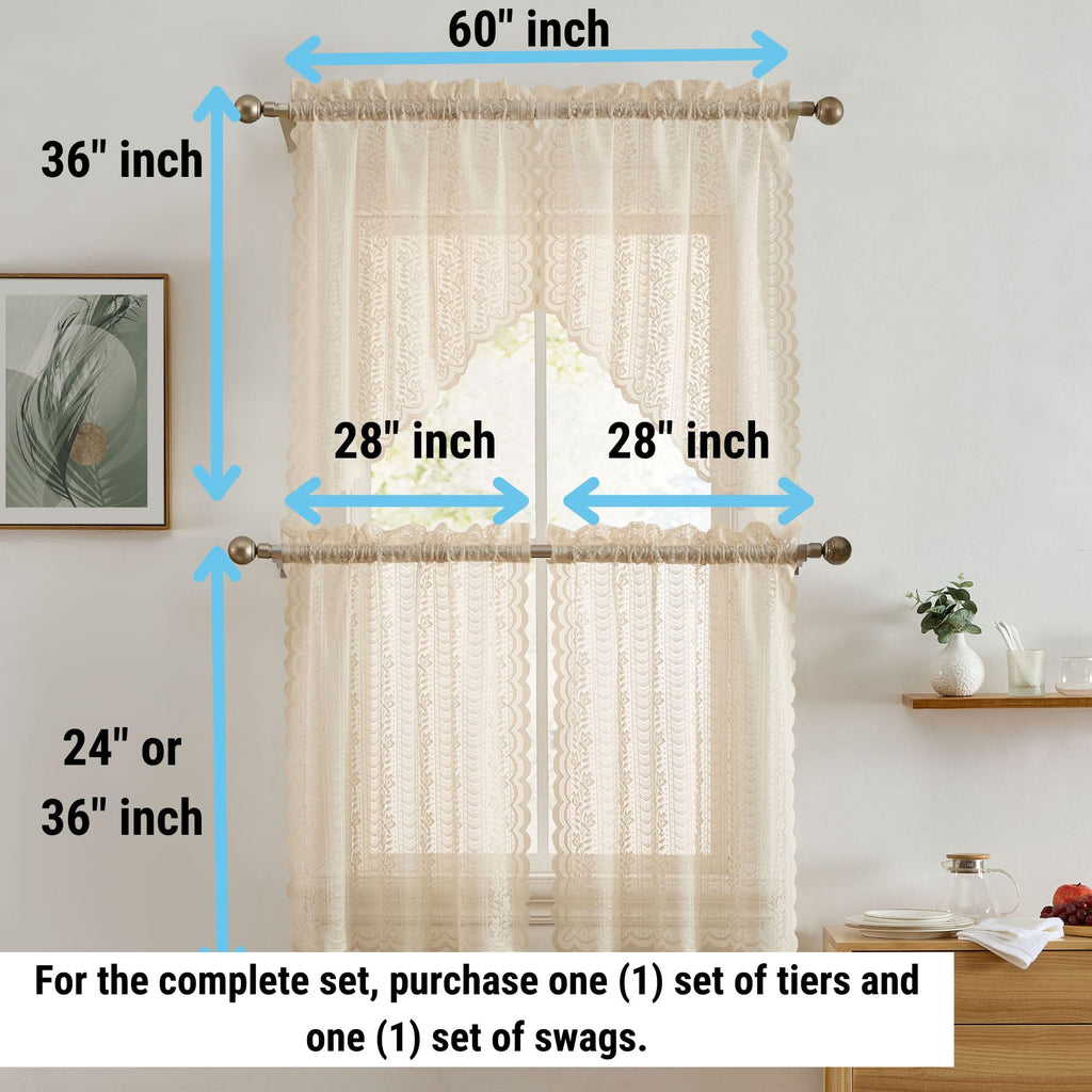 Sophia Lace Swag Curtains, Kitchen Valance - Linen Taupe, 28x36, Set of 2