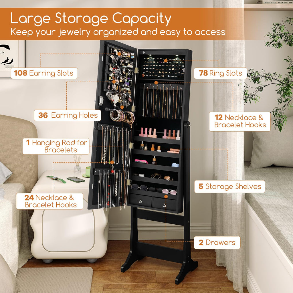 Standing Jewelry Cabinet with Full Length Mirror, 2 LEDs, Lockable