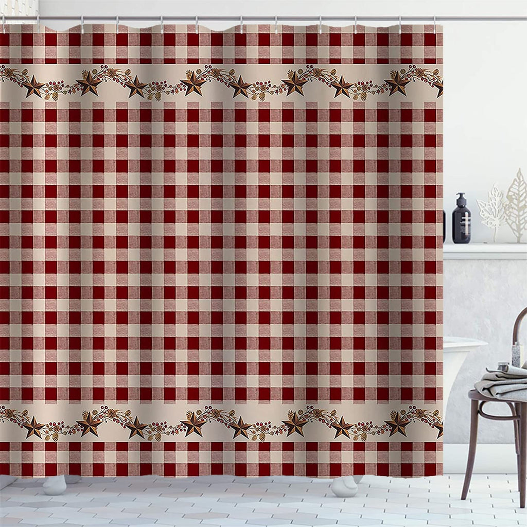 Brown Texas Star Western, Primitive Star Red and Beige Buffalo Plaid Rustic Country Farmhouse Bathroom Decor