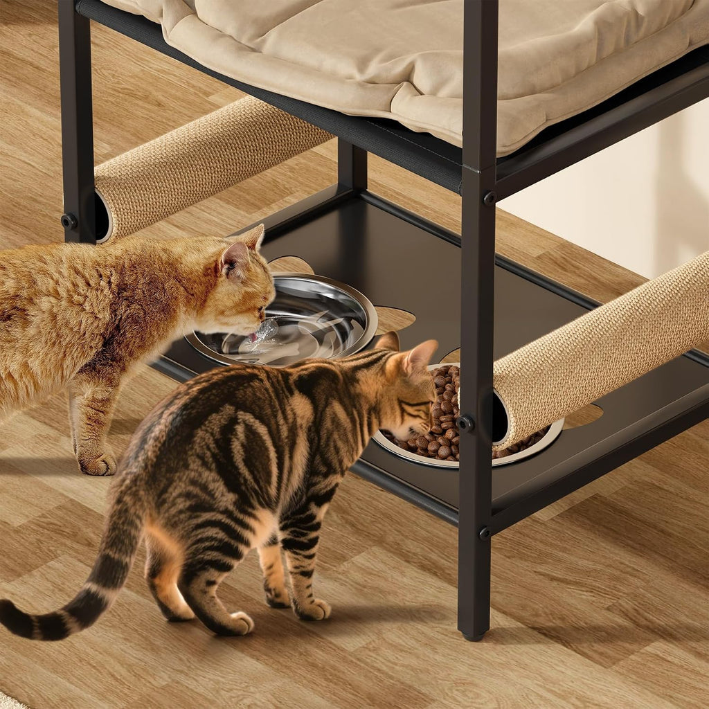Cat Feeding Station Furniture with Scratching Post, 3-Tier Cat Food Organizer & Storage, Raised Feeding Stand with 2