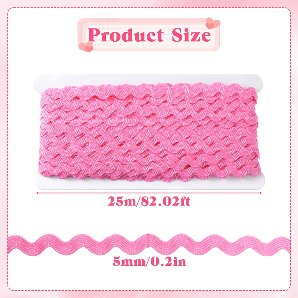 Pink Wave Bending Fringe Trim, 1 Roll 27yd/25m Rick Rack Trim for Sewing, 5mm RIC Rac Trim Ribbon, Woven Lace Ribbon