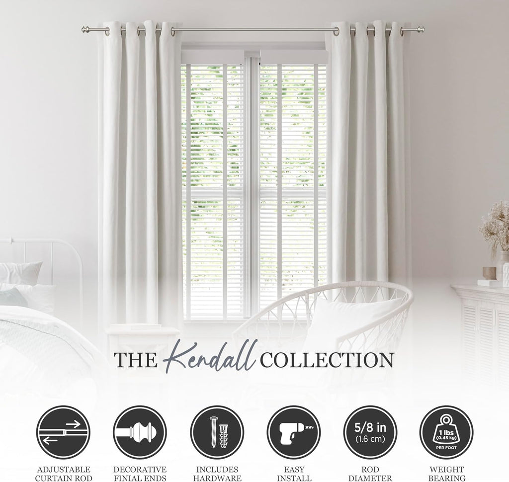 Kendall Standard Decorative Window Curtain Rod, KN71716, (71cm-122cm), 5/8" (15.8mm) diameter, Brushed Nickel