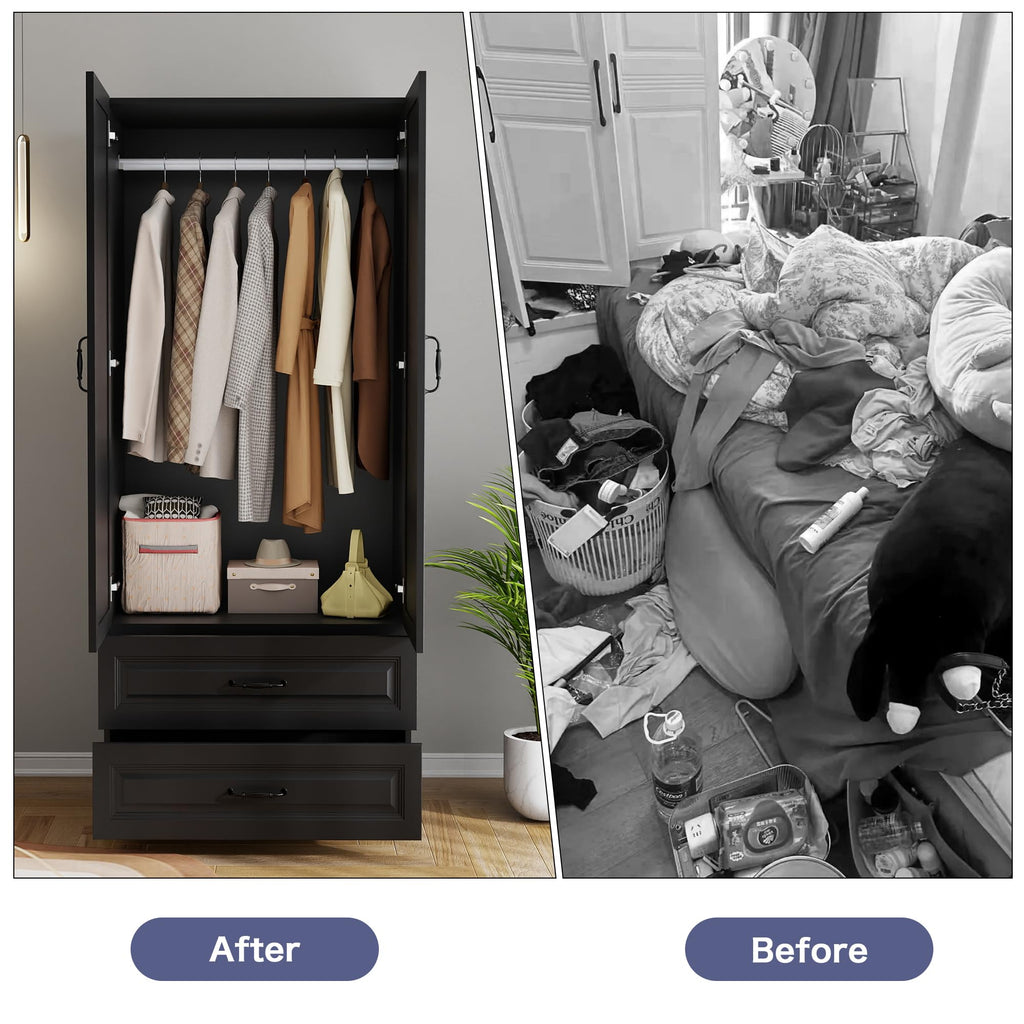 Black Wardrobe Closet with 4 Drawers and 4 Doors, 75" H x 63" W