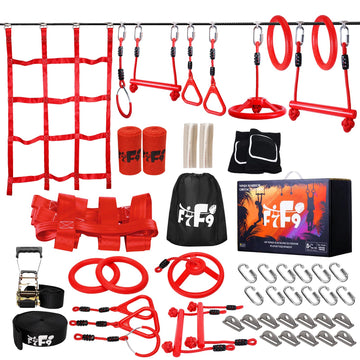60FT Ninja Warrior Obstacle Course for Kids - Slackine Playset with Monkey Bars, 364lbs Capacity, Adjustable Height