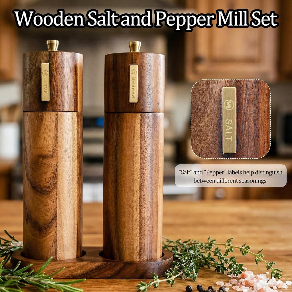 Wooden Salt and Pepper Grinder Set,8.46 inch Adjustable Coarseness Manual Salt and Pepper Mill with Brush - Set of 2