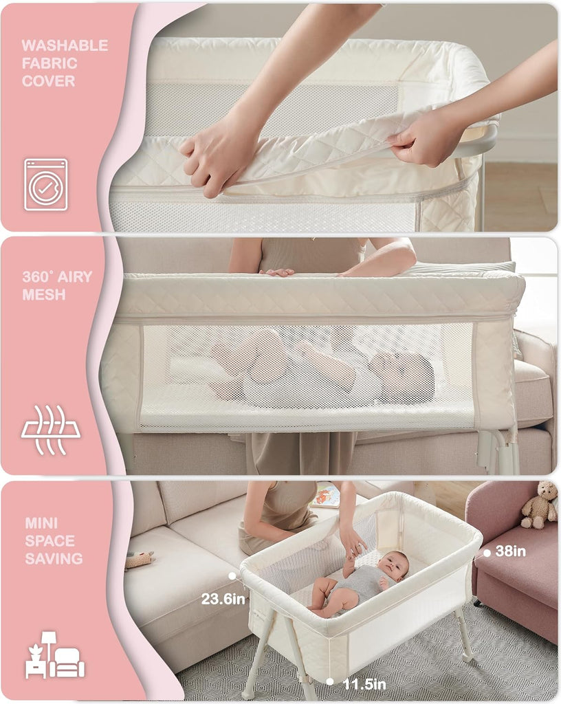Bassinet Bedside Sleeper for Baby, 2 in 1 Baby Crib for Newborn, Bedside Bassinet with 4 Auto-Lock Wheels &