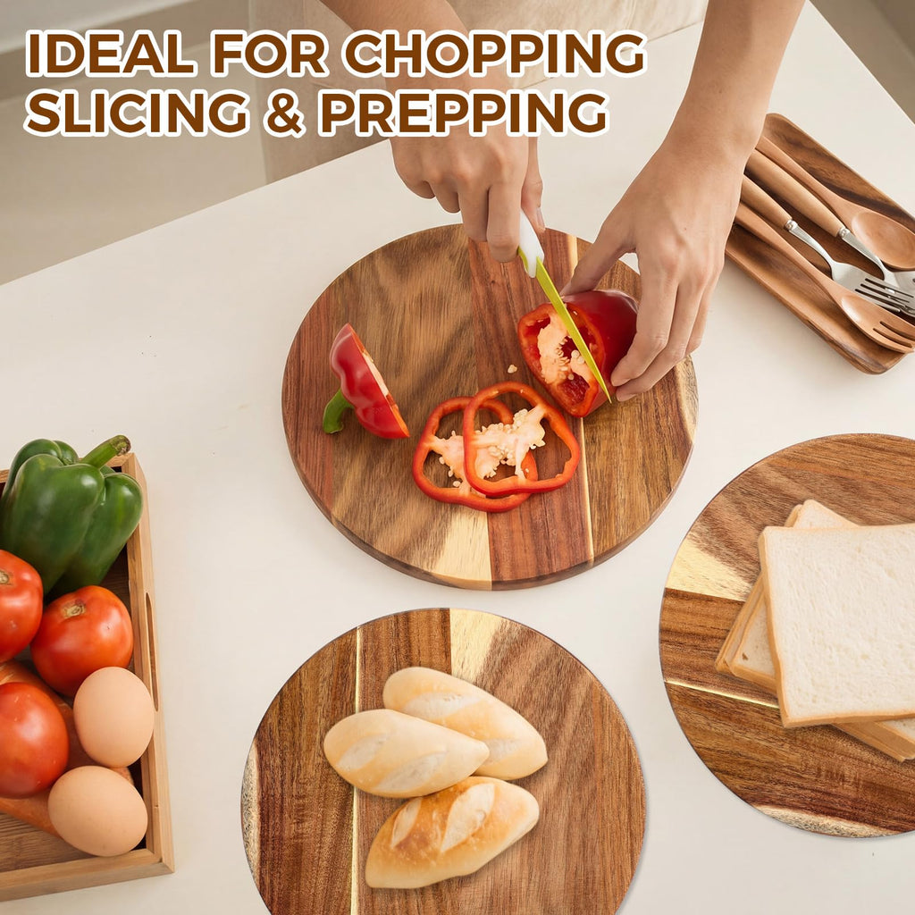 6 Pack 10" Acacia Wooden Round Cutting Boards Bulk 0.6 Inch Thick Round Charcuterie Board Smooth Surface Multipurpose