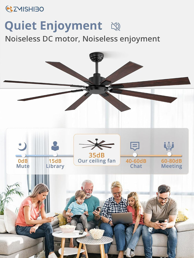72 Inch Ceiling Fan No Light with Remote Control, 8 Blades