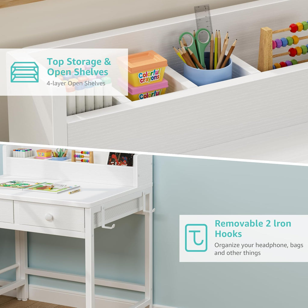White Kids Desk and Chair Set for 5-8 Year Old Girls Boys, Small Child Desk with Bookshelf, Children Study Table
