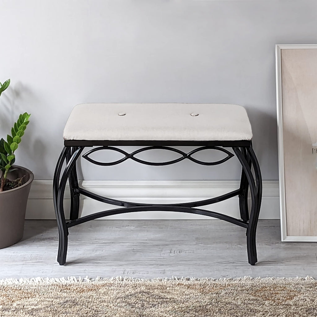 White Shoe Bench - Vanity Seat for Makeup Room, Dressing Stool, Entryway Bench - Powder Coated, Upholstered, Space