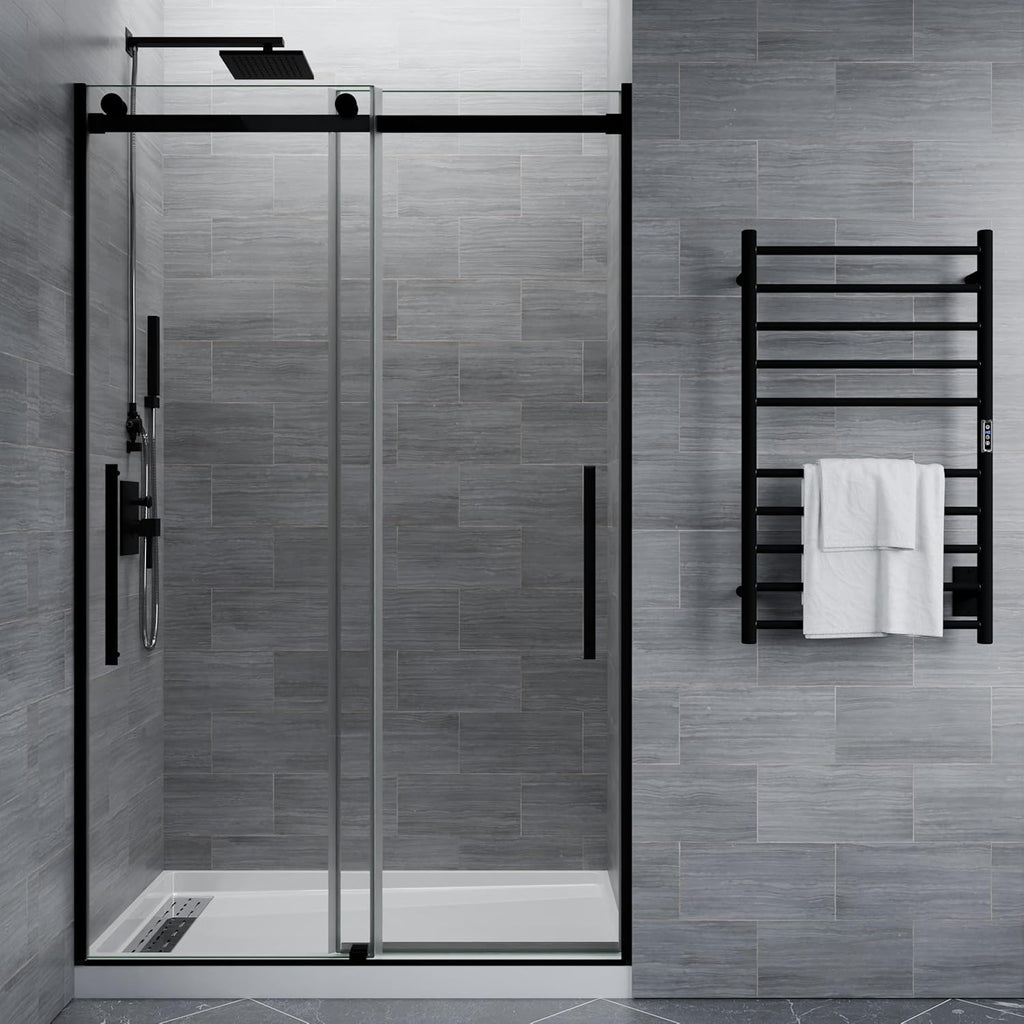 Frameless Sliding Shower Door 60 x 76 in Matte Black, 5/16 in Tempered Deco-Glass, Tsunami Guard Coating