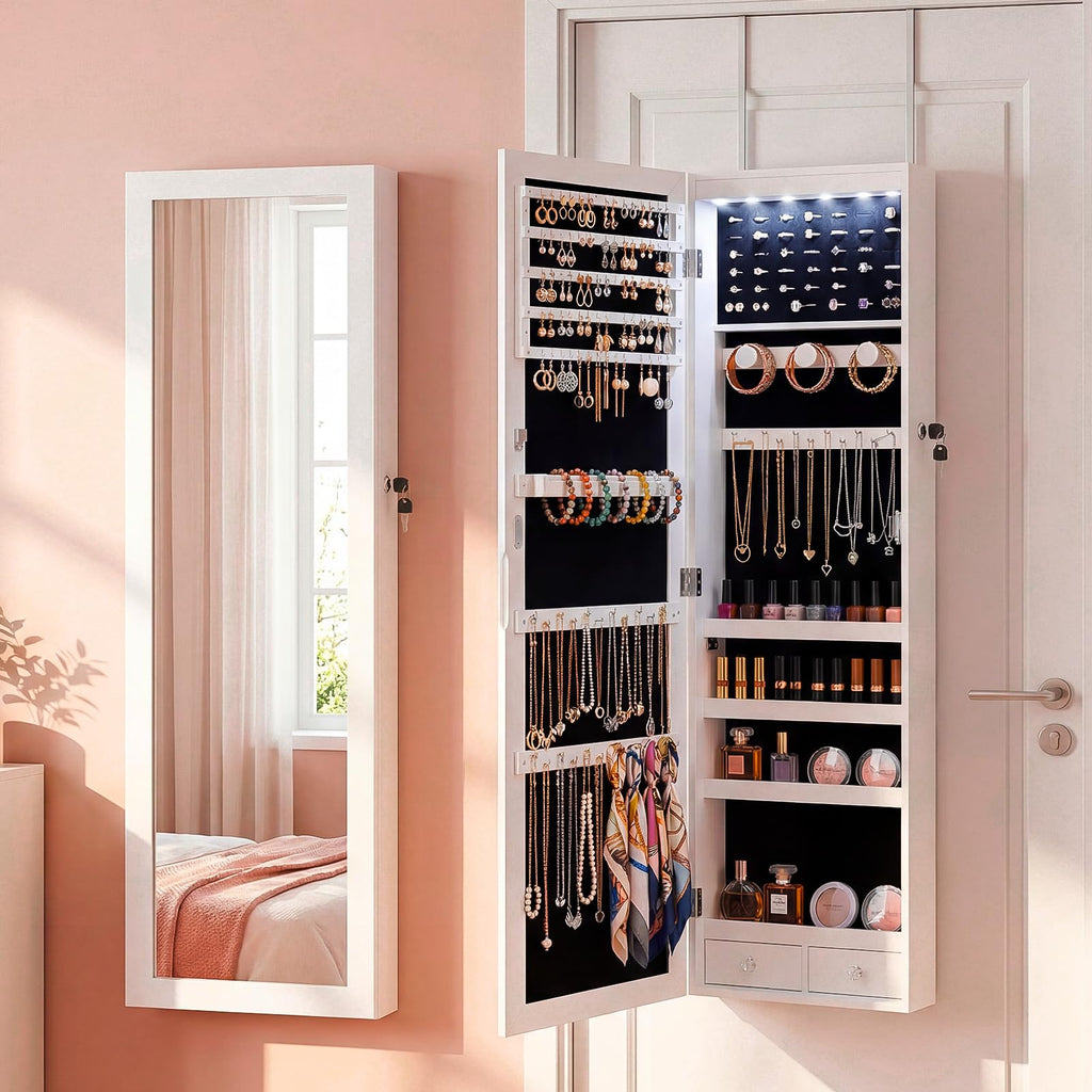 6 LEDs Jewelry Cabinet with Lock, 50" Full Length Mirror Wall Mounted or Over The Door Jewelry Organizer, Large