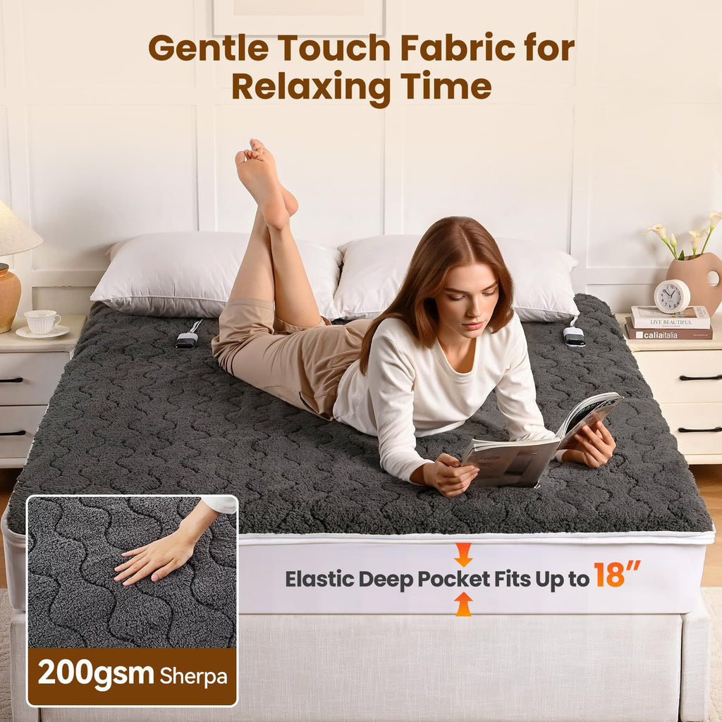 Multi-Zone Electric Heated Mattress Pad Queen Size, Dual Control Bed Warmer with Memory & 11 Heat Level, Auto