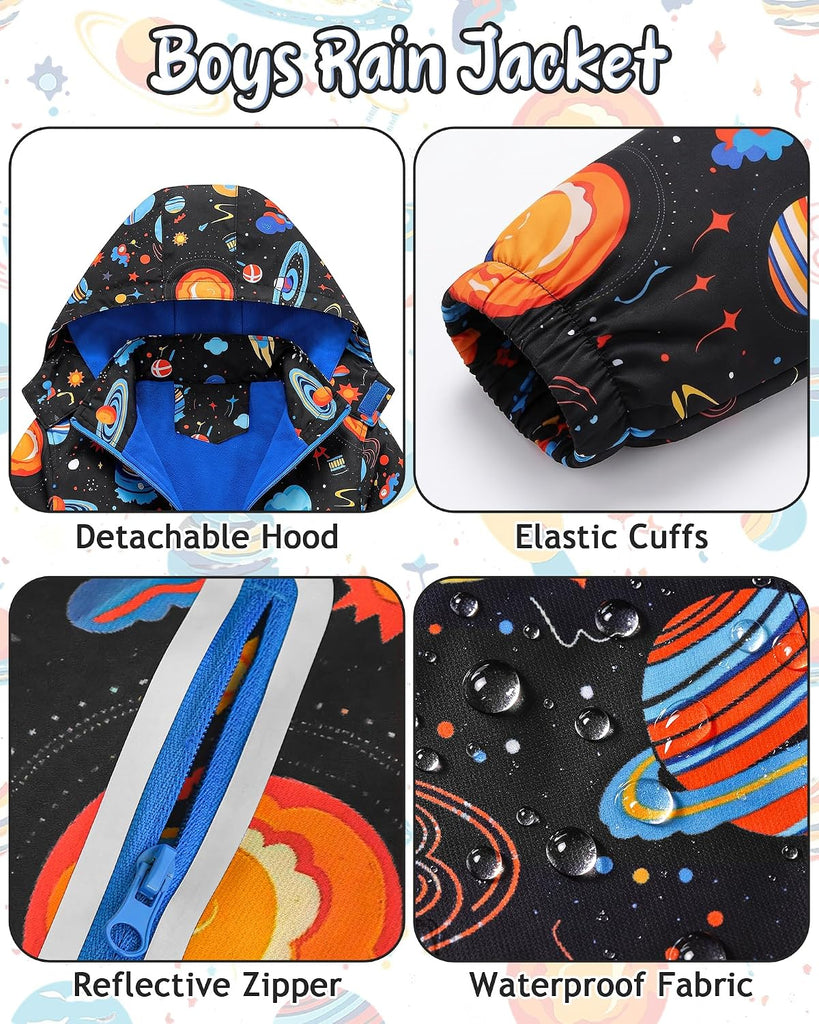 Boys Rain Jacket Waterproof Raincoats for Kids with Detachable Hood Fleece Lined Lightweight Windbreaker
