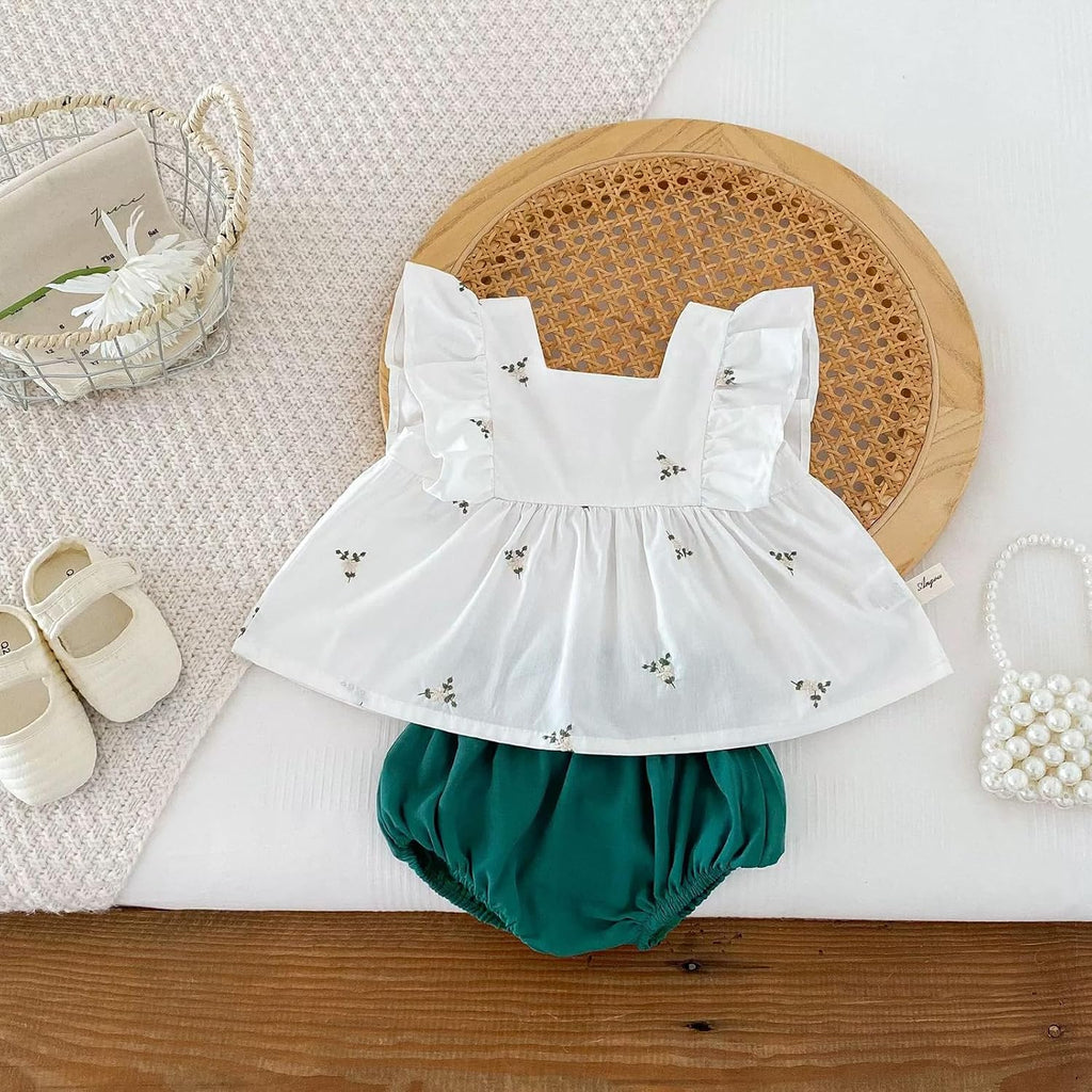 Baby Girl Summer White Embroidered Ruffle Sleeveless Top and Green Bloomers Set