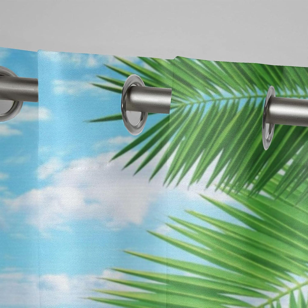 Tropical summer beach Waterproof Outdoor Curtains ,palm leaves waves blue sky Print,Privacy Weatherproof Grommet