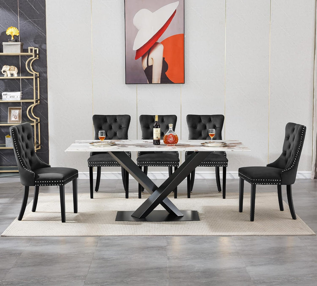 Modern Marble Dining Table, 70" White Kitchen Dining Room Table for 4 6 8 with 0.4" Thick Faux Marble Tabletop and