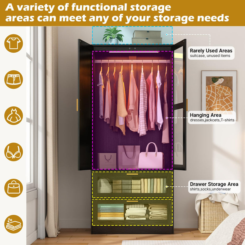 2 Doors Armoire Wardrobe Closet with LED and Mirror, 71" H Freestanding Wooden Wardrobe Closet Cabinet w 2