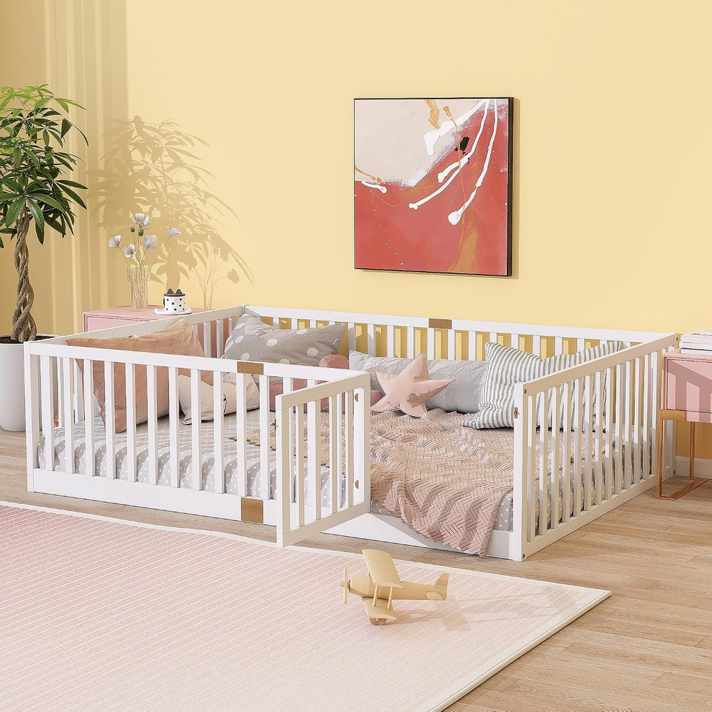 Toddler Floor Bed with Door&High Rails, White