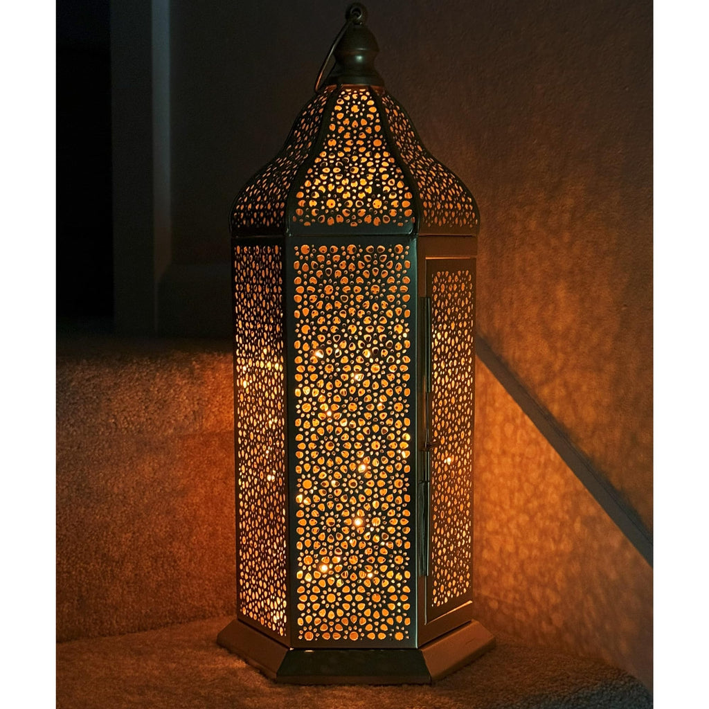 16" Champagne Gold Moroccan Decorative Candle Lantern - Metal Hexagon Lantern for Table or Hanging, Ramadan Turkish