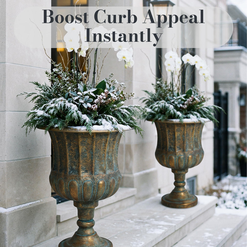 Garden 24.5" H. Metal Urn Planters 2-Pack - Bronze Classic Antique Iron Plant Pots - Large Decorative Rustic Flower