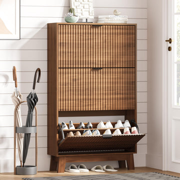 Shoe Cabinet Storage with 3 Flip Drawers, Fluted Narrow Shoe Organizer with Wooden Legs, Freestanding Slim Shoe