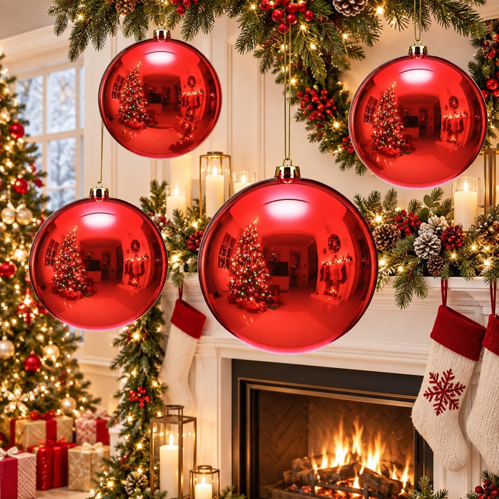8" 4 Pcs Large Christmas Ornaments Ball, Shiny Red