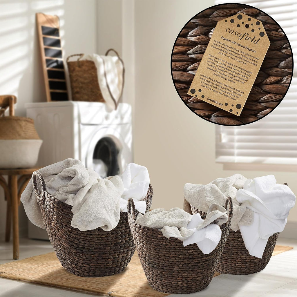 Set of 3 Multipurpose Boat Baskets with Handles - Espresso, Woven Water Hyacinth Storage Organizers for Throw