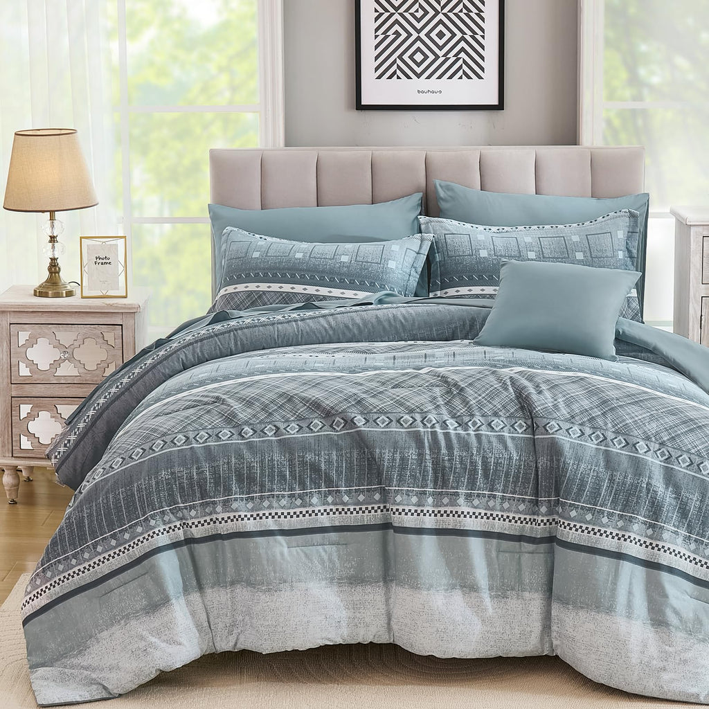 8 Piece Queen Size Comforter Set Blue Boho Bed Set
