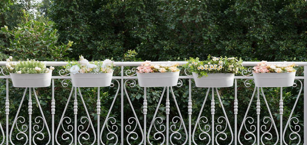 15 Inches Railing Planter Box 5 Pcs Metal Hanging Flower Pots, White