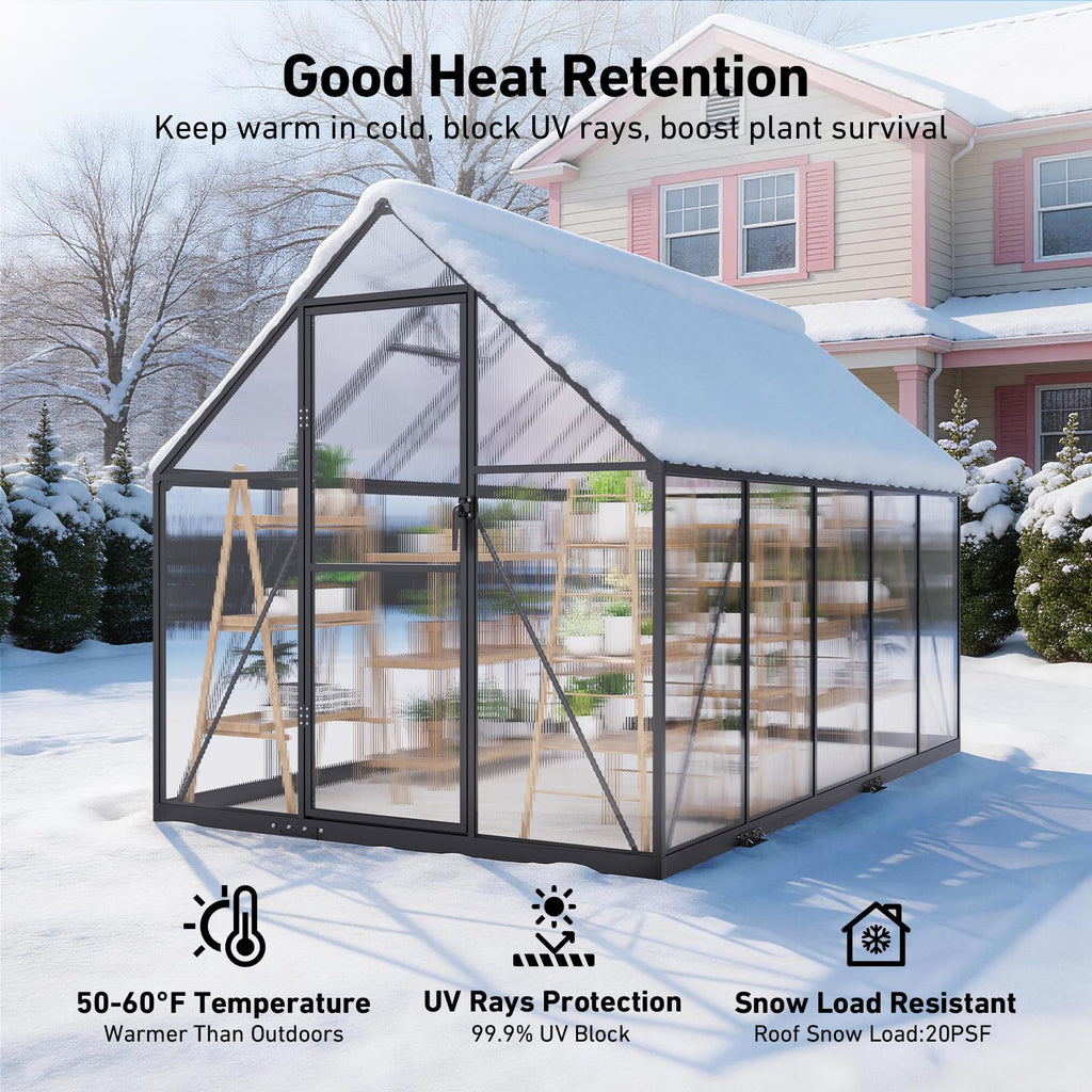 6x10FT Greenhouse with Hygrometer, Windproof Warm Plant Green Houses